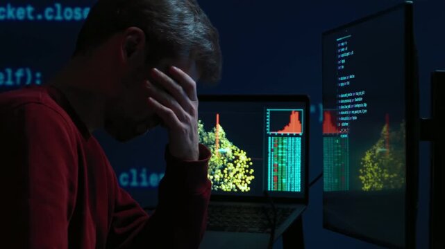Overworked coder dealing with stress, fatigue and anxiety while completing programming tasks under pressure in dark workspace at night. Programmer experiencing burnout. 