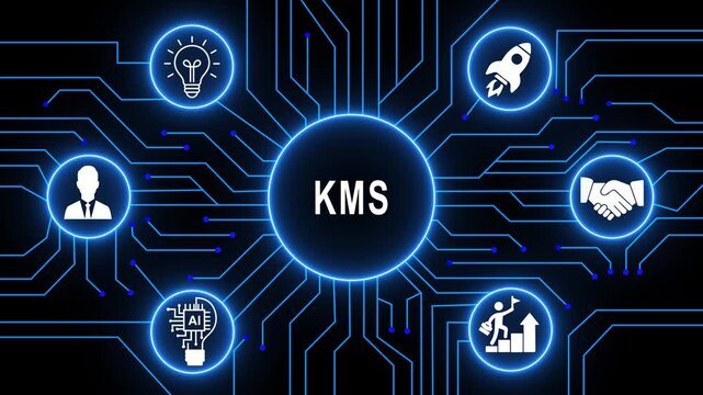 Comprehensive knowledge management system kms concept animated with glowing circuit board background, network connections digital, information organization strategy, and corporate business innovation