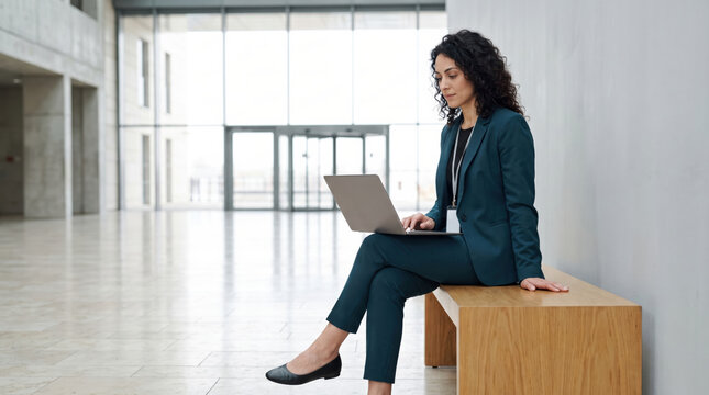 Delegate working alone on a laptop between conference sessions