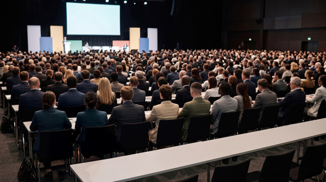 Delegates listening among a packed audience in a darkened auditorium