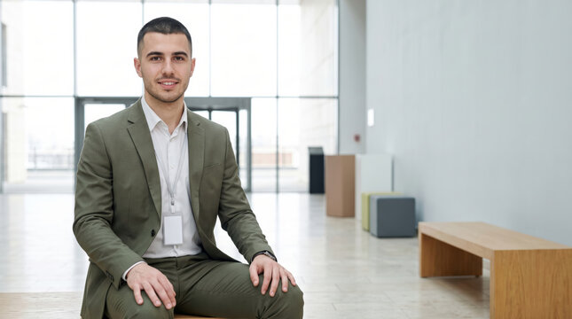 Confident businessman seated in modern office lobby