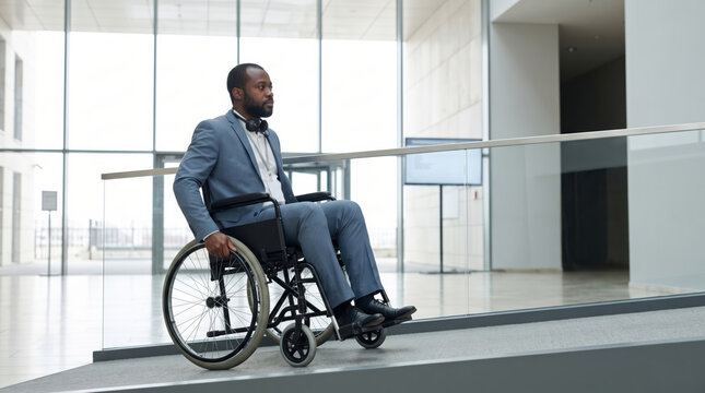 Delegate coming up an access ramp into a glazed conference foyer