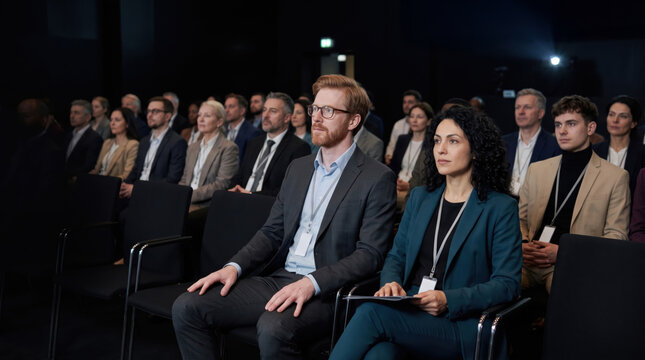 Delegates listening among a packed audience in a darkened auditorium