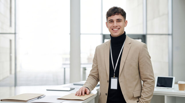 Smiling businessman with lanyard in modern office