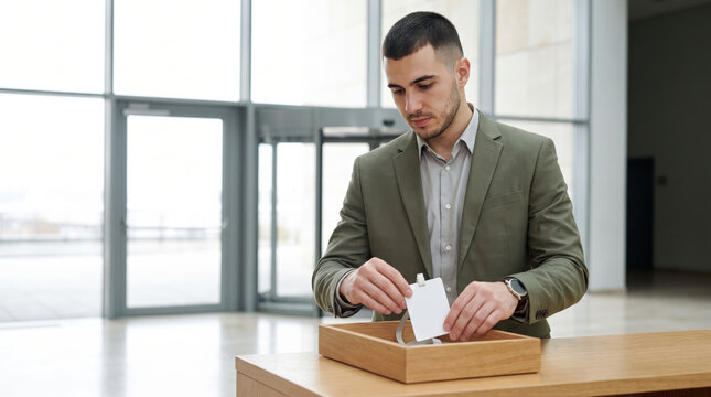 Delegate returning a blank badge into a tray on the way out