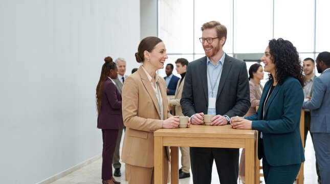 Diverse professionals converse at corporate networking event