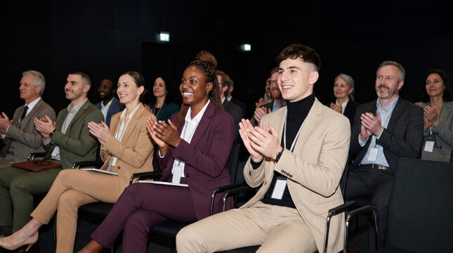 Conference delegates applaud during presentation in dark hall