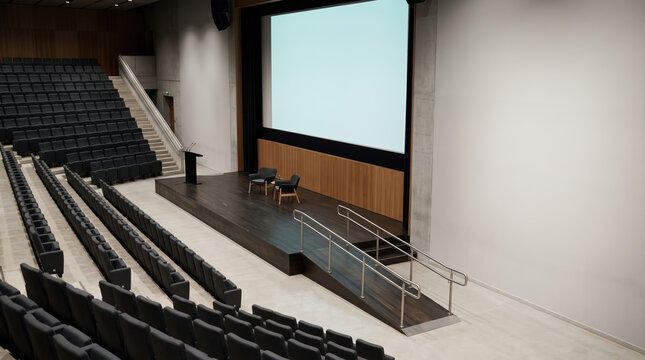 Empty auditorium with a stage ramp and a clear space beside the chairs