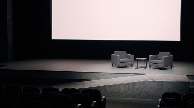Empty auditorium with a stage ramp and a clear space beside the chairs