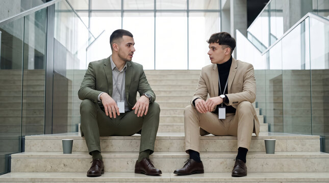 Two delegates sitting on a foyer staircase during a long break