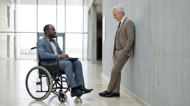 Two delegates talking in a corridor between sessions