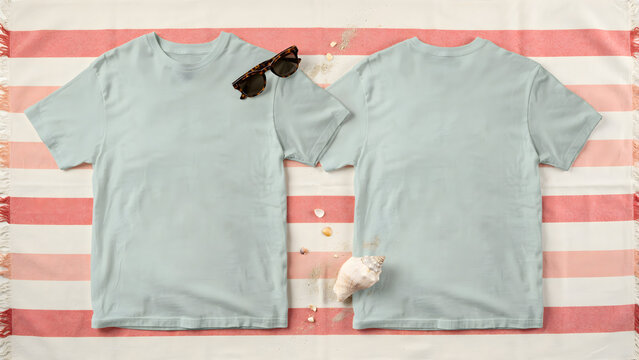 Two light blue t-shirts laid flat on a striped beach towel with a pair of sunglasses and white seashells for a summer vacation theme