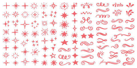 Fototapeta premium Set of pink sparkles stars and hand drawn swirls for decoration and design elements on a creative page layout