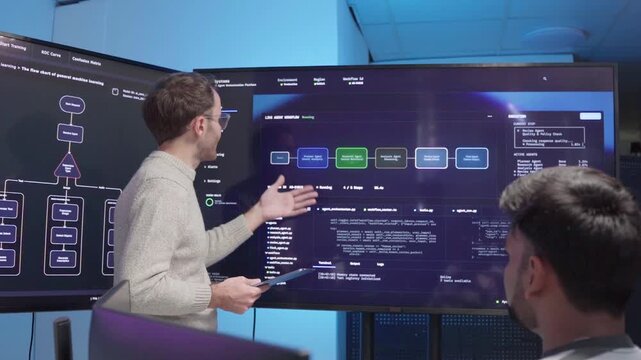 Software engineer with team use digital tablet Presenting system cyber security, coding on computer screen. Professional programmer meeting work use technology AI verify code or reading data develop