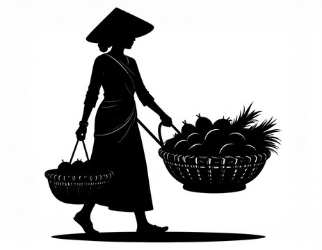 Silhouette of a Vietnamese woman street vendor carrying fruit baskets and wearing a traditional conical hat, isolated on white. Vector illustration of a Southeast Asian fruit seller.