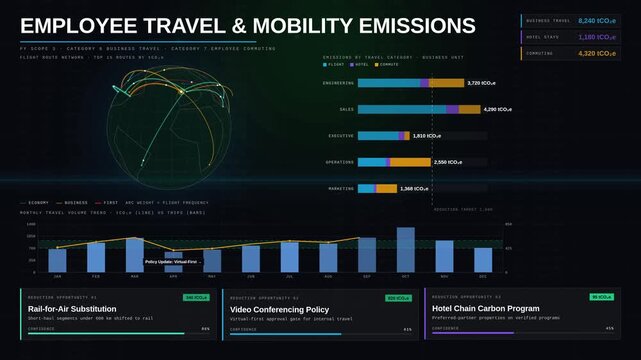 Explore the Employee Travel Emissions Dashboard showcasing flights, hotels, commuting, and reduction opportunities with sleek corporate analytics and engaging visualizations.