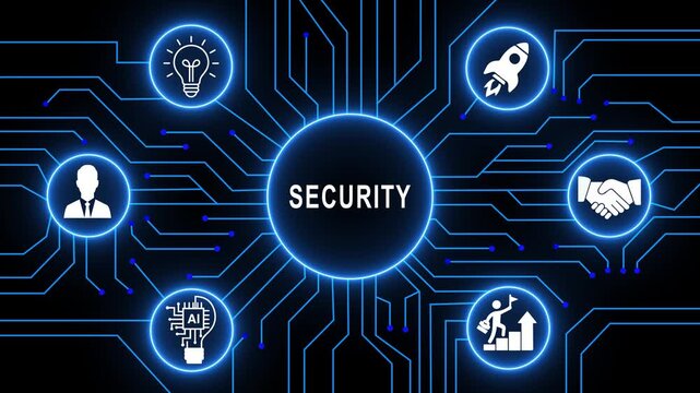 Advanced digital security concept animation featuring glowing circuit board network lines and modern technological representing cyber protection information privacy and enterprise system integrity