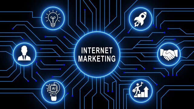 Internet marketing digital strategy glowing circuit board network infographic animation featuring business growth seo advertising e-commerce technology communication concept