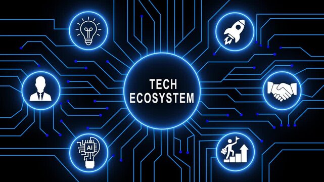 Dynamic digital tech ecosystem animation with glowing blue circuit board lines, artificial intelligence concepts, innovation and futuristic network connections for modern corporate presentations