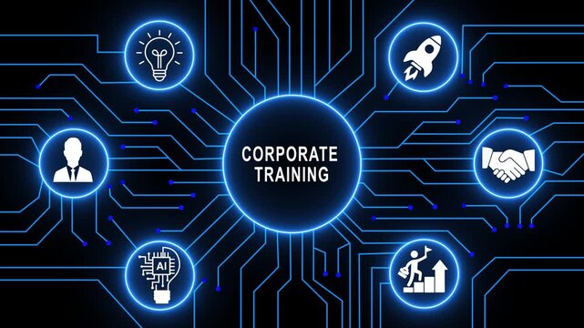 Corporate training concept with glowing blue circuit board background, featuring business development, strategy leadership management, skills improvement and, human resources growth