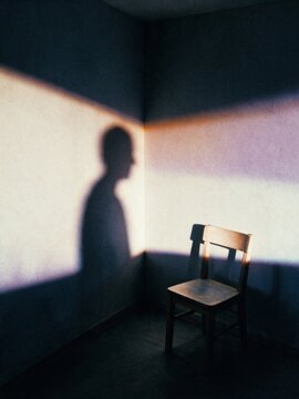 Shadowy figure on wall beside empty chair in dim room