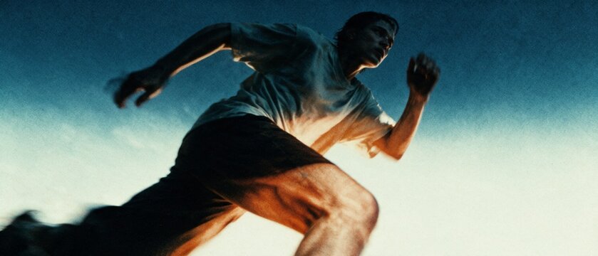 Dynamic runner sprinting at dusk with dramatic motion blur