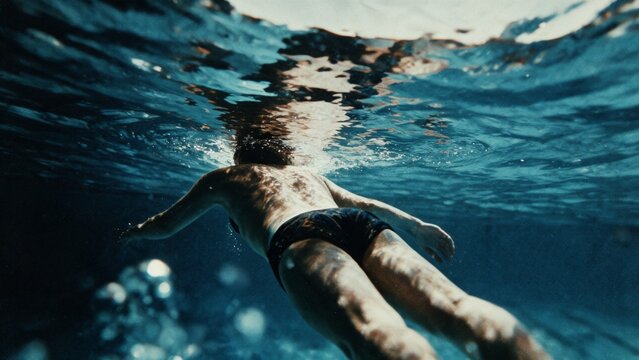 Underwater swimmer floating in blue pool with bubbles