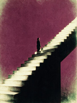 Surreal figure on endless staircase in purple dreamscape