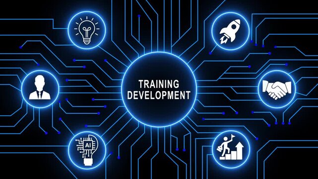 Comprehensive training and development digital circuit board concept featuring glowing network connections, skills advancement modern corporate learning growth strategies and career path optimization