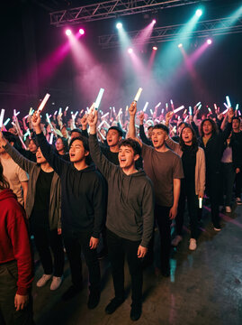 Concert crowd sing with light stick under stage light