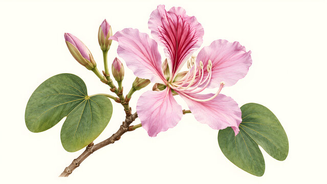 Botanical illustration of pink bauhinia orchid tree flower with green leaves