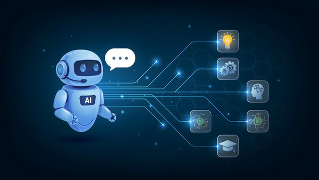 A blue ai robot character with a headset and speech bubble connected to various digital representing technology, education, and intelligence