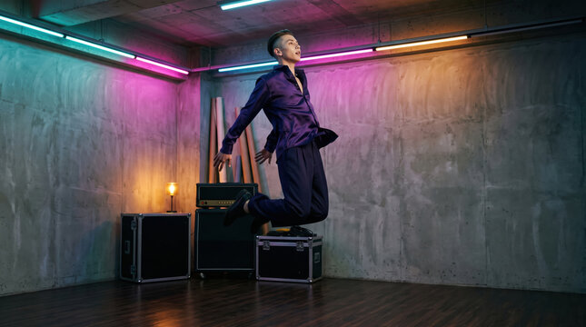 Dancer caught at the top of a jump in a neon-lit studio