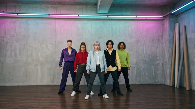 Five dancers holding a tight formation mid-count in rehearsal