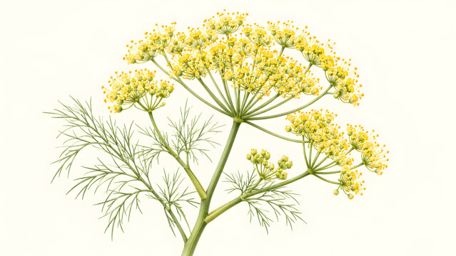 Fresh flowering dill plant with yellow umbel blossoms and feathery green leaves isolated on white background