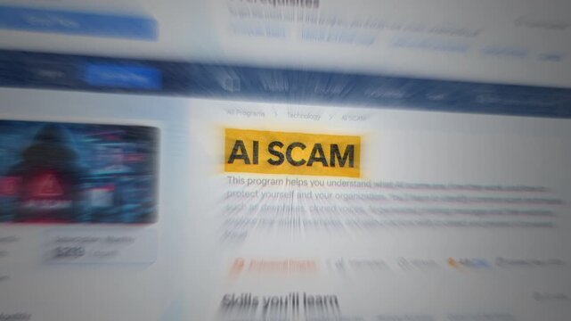 Artificial intelligence scams highlighted in news articles representing AI scam news and trends, text match cut of AI scam, AI fraud and cybersecurity concept, 4K stock video