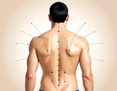 Acupuncture Points and Meridian Lines on Male Back Anatomy Illustration