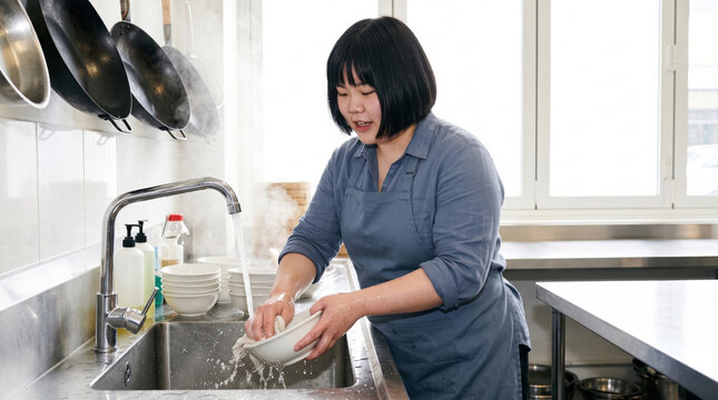 Asian woman wash dish in commercial kitchen