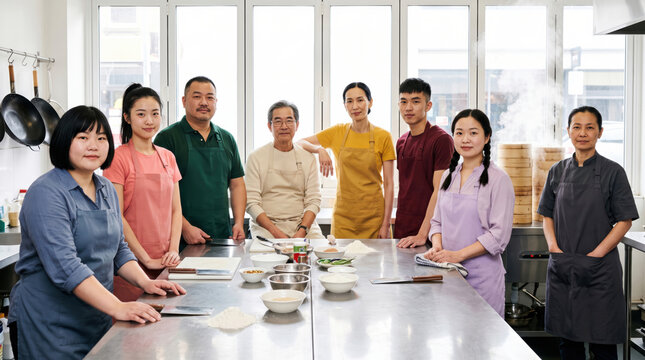 Diverse culinary team posing in a professional kitchen