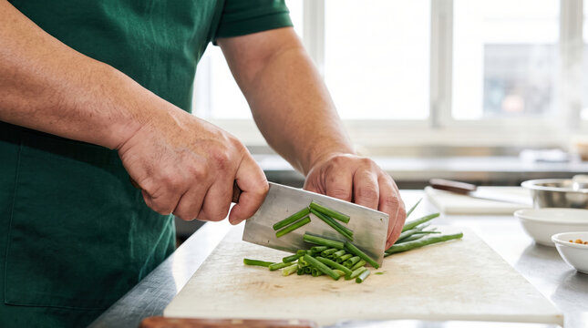 Asian teacher chopping green bean in kitchen lesson