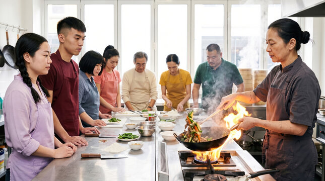 Asian cooking teacher demonstrating wok technique to students