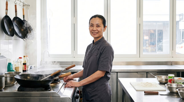 Asian chef prepare meal in professional restaurant kitchen