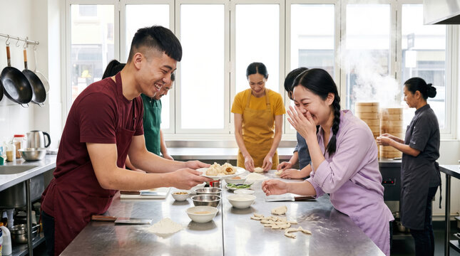 Asian cooking teacher guide student in professional kitchen