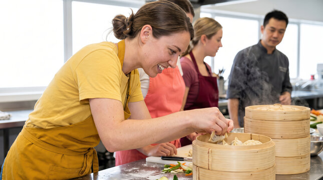 Teacher lead Asian cooking class in professional kitchen