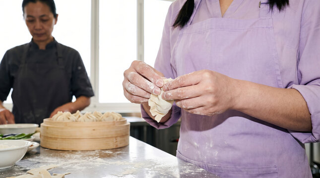 Asian chef prepare dumpling dough in commercial kitchen