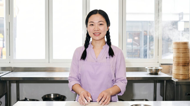 Asian student chef preparing food in commercial kitchen