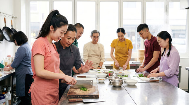 Cooking teacher guiding student in a community kitchen