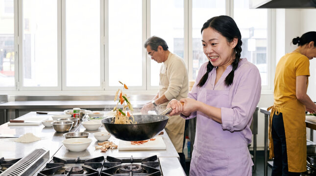 Asian culinary student prepare stir-fry in training kitchen