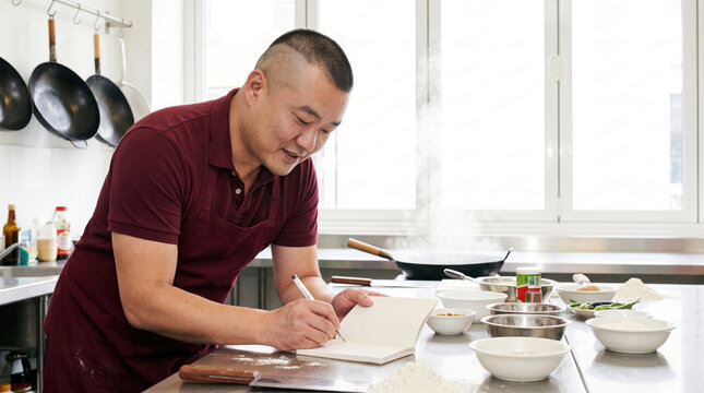 Asian chef writing recipe in bright professional kitchen