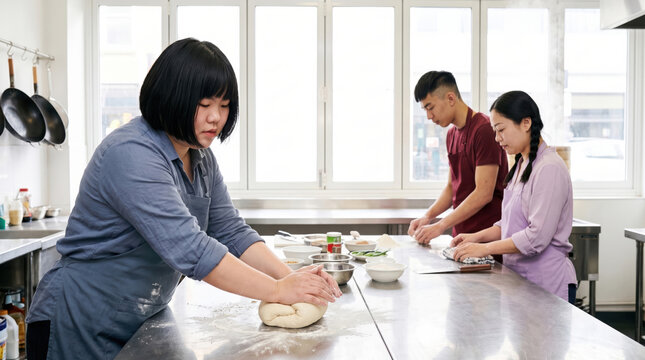 Asian students cook together in a bright kitchen classroom